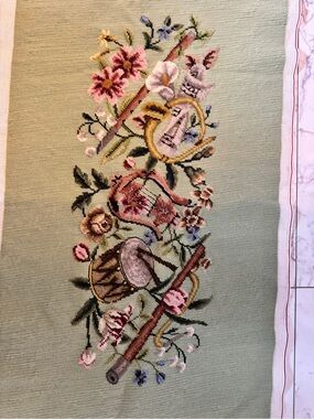 Vintage Needlepoint Tapestry Wall Hanging – Musical Instrument Floral Design